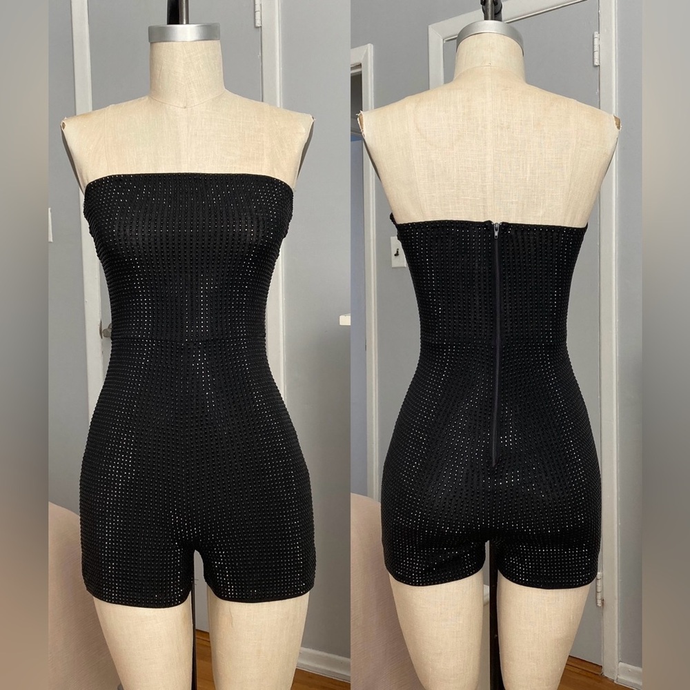 Womens onepiece stretch black rhinestone tube top/ hot shorts in size S.